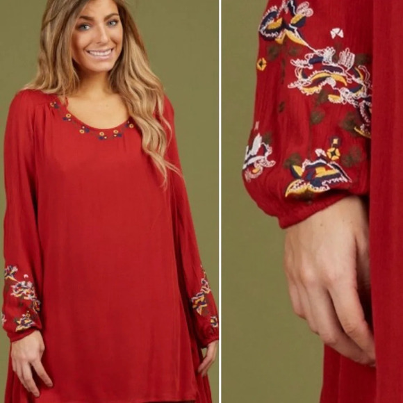 Altar'd State Red Long Sleeve Unicoi Embroidered Boho Mini Dress Large - Picture 1 of 15